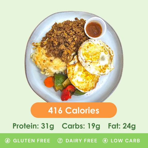 A hearty bison breakfast skillet featuring savory ground bison, golden-brown roasted potatoes, and two perfectly fried eggs, with nutritional information displayed.