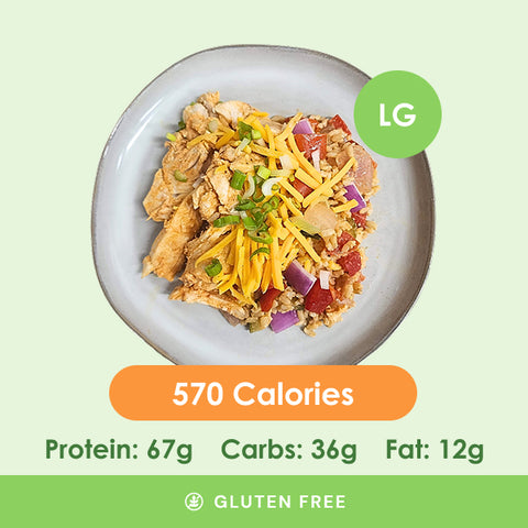 A large, flavorful buffalo chicken medley with tender chicken pieces, vibrant diced red onions and tomatoes, topped with shredded cheese and fresh green onions.