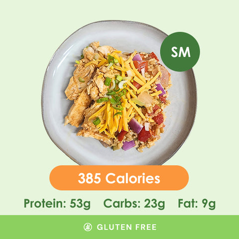 A smaller, flavorful buffalo chicken medley with tender chicken pieces, vibrant diced red onions and tomatoes, topped with shredded cheese and fresh green onions.