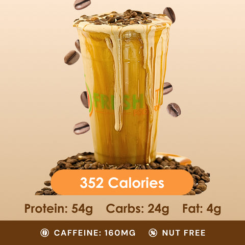A tempting caramel energizer drink, drizzled with rich caramel sauce and surrounded by scattered coffee beans, creating a sweet and invigorating treat.