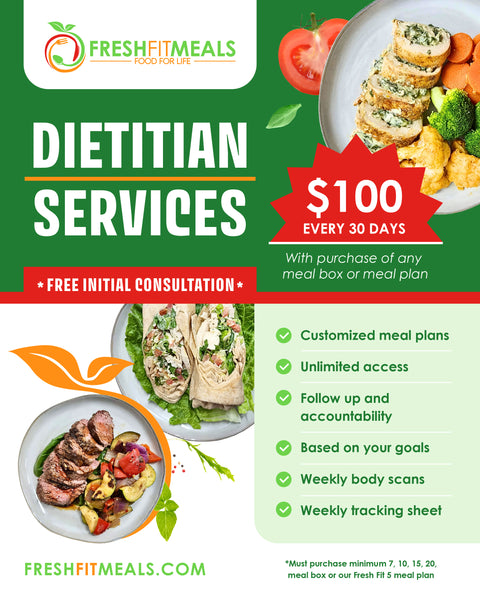 An advertisement for Fresh Fit Meals Dietitian Services, highlighting customized meal plans, unlimited access, weekly body scans, and tracking sheets, with a special offer of $100 every 30 days with meal box purchase