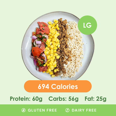 A generous large turkey taco bowl featuring seasoned ground turkey, sweet corn, fresh pico de gallo, and fluffy brown rice.