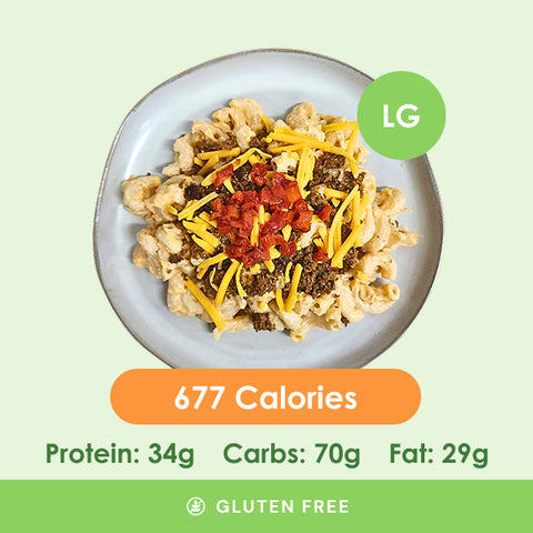 A generous serving of creamy mac and cheese, richly topped with seasoned ground meat and shredded cheddar cheese.