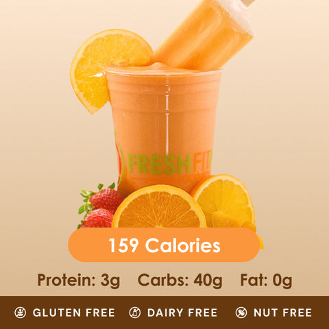 A bright orange delight smoothie with a creamsicle bar, surrounded by fresh orange slices, strawberries, and mango chunks, highlighting its gluten-free, dairy-free, and nut-free benefits.