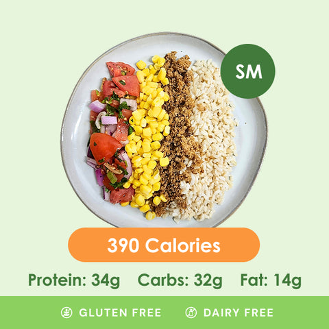 A fresh small turkey taco bowl with seasoned ground turkey, sweet corn, bright pico de gallo, and wholesome brown rice.