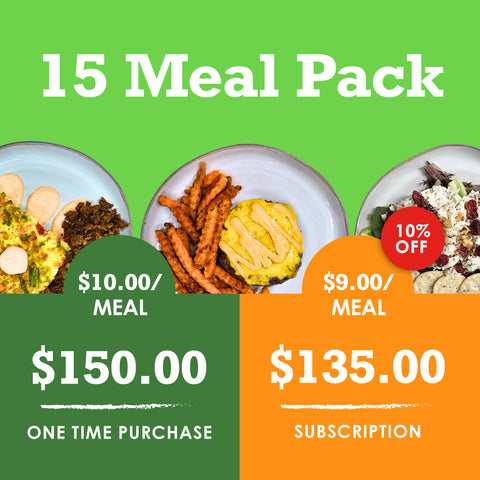 A promotional image for a 15 meal pack showing different food items and pricing for one-time purchase ($150.00) and subscription ($135.00, 10% off).