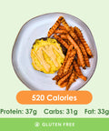 A juicy backyard bison burger topped with melted cheese, served alongside crispy sweet potato fries, with calorie and macronutrient information.