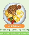 A hearty bison breakfast skillet featuring savory ground bison, golden-brown roasted potatoes, and two perfectly fried eggs, with nutritional information displayed.