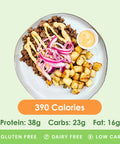 A flavorful bison burger bowl featuring seasoned ground bison, crispy roasted potatoes, and thinly sliced red onions, with a side of creamy sauce and nutritional information.