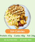 A hearty breakfast bowl featuring fluffy scrambled eggs, savory ground meat drizzled with sauce, and perfectly roasted potatoes.