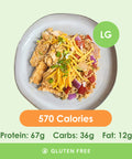 A large, flavorful buffalo chicken medley with tender chicken pieces, vibrant diced red onions and tomatoes, topped with shredded cheese and fresh green onions.