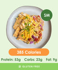 A smaller, flavorful buffalo chicken medley with tender chicken pieces, vibrant diced red onions and tomatoes, topped with shredded cheese and fresh green onions.