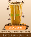 A tempting caramel energizer drink, drizzled with rich caramel sauce and surrounded by scattered coffee beans, creating a sweet and invigorating treat.
