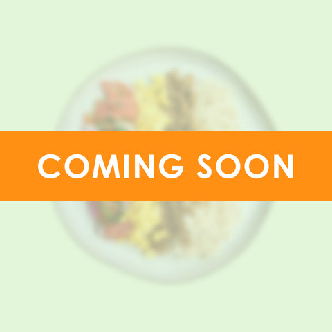 A placeholder image indicating "Coming Soon," with a meal prep container, suggesting new healthy meal options are on the way.