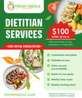 An advertisement for Fresh Fit Meals Dietitian Services, highlighting customized meal plans, unlimited access, weekly body scans, and tracking sheets, with a special offer of $100 every 30 days with meal box purchase