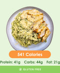 Creamy pesto pasta topped with tender chicken and Parmesan.