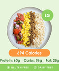 A generous large turkey taco bowl featuring seasoned ground turkey, sweet corn, fresh pico de gallo, and fluffy brown rice.