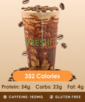 A rich mocha energizer drink with streaks of chocolate, adorned with scattered coffee beans, offering a delightful chocolate and coffee fusion.