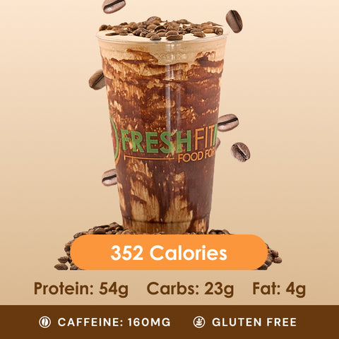 A rich mocha energizer drink with streaks of chocolate, adorned with scattered coffee beans, offering a delightful chocolate and coffee fusion.