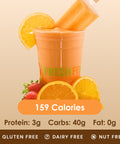 A bright orange delight smoothie with a creamsicle bar, surrounded by fresh orange slices, strawberries, and mango chunks, highlighting its gluten-free, dairy-free, and nut-free benefits.
