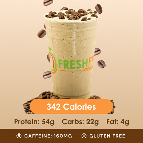A tall glass of creamy vanilla energizer drink, garnished with scattered coffee beans, promising a delicious boost.